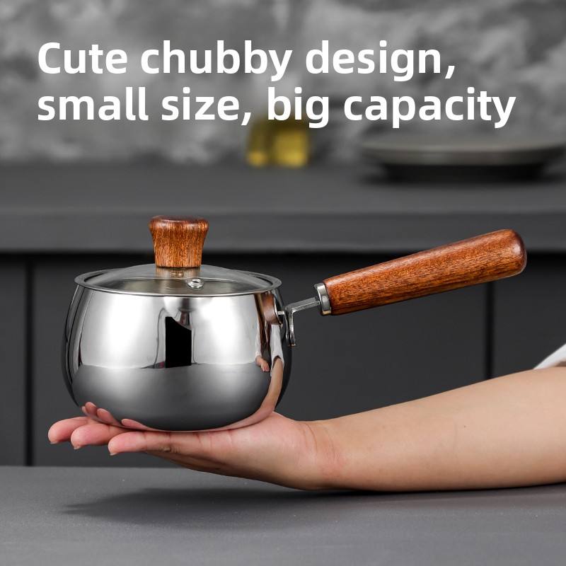 
Modern stainless steel milk saucepan with wooden handle