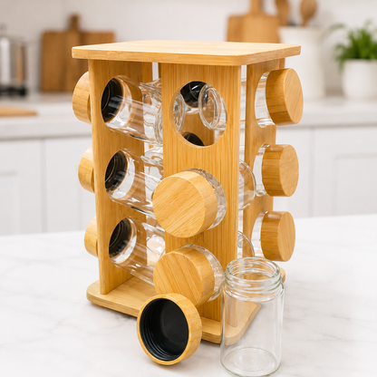 
Natural bamboo spice rack with 12 refillable glass jars