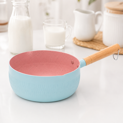 Japanese Snow Pan Non-Stick Saucepan | Maifan Stone Milk & Butter Cooking Pan with Wooden Handle for Induction & Gas