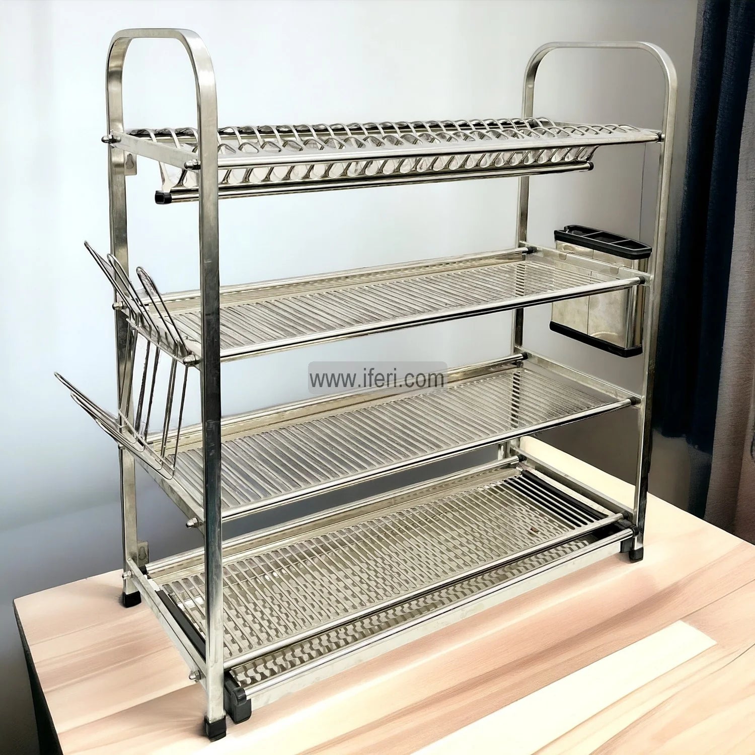 4 Tier Stainless Steel Wall Hanging Dish Drying Storage Rack with Glass & Spoon Holder