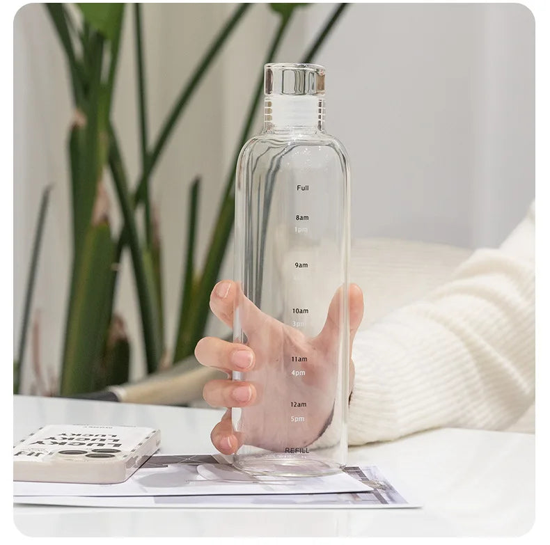Portable water bottle with straw and time markings