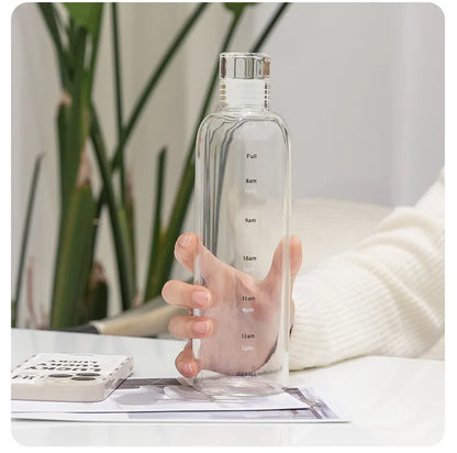 Portable water bottle with straw and time markings