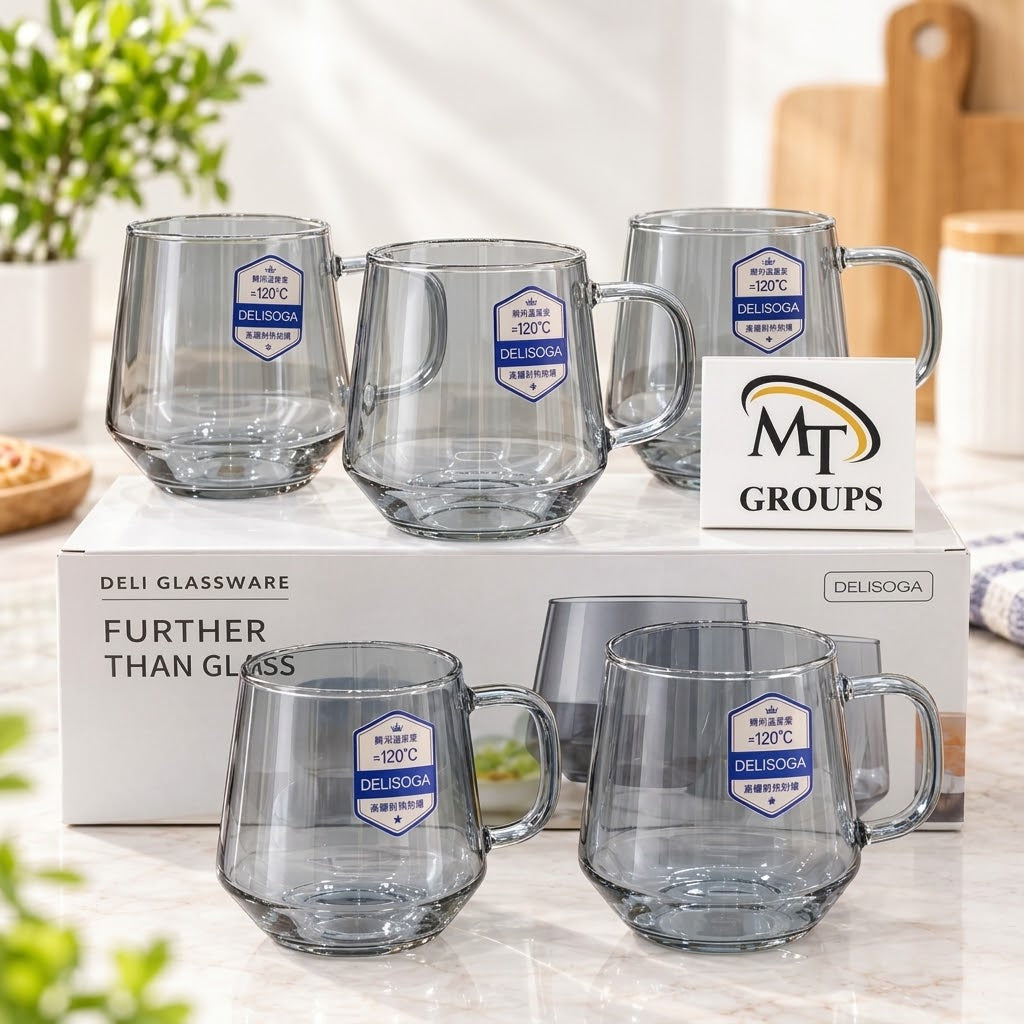 420ml borosilicate glass mug set of 6 with black round design
