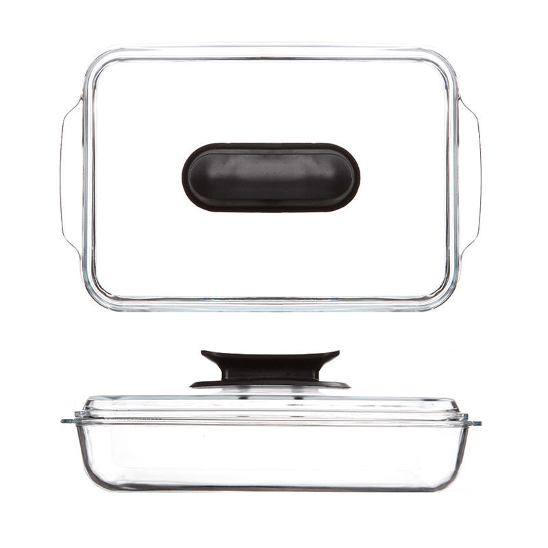 
Rectangular oven-safe glass casserole dish with lid