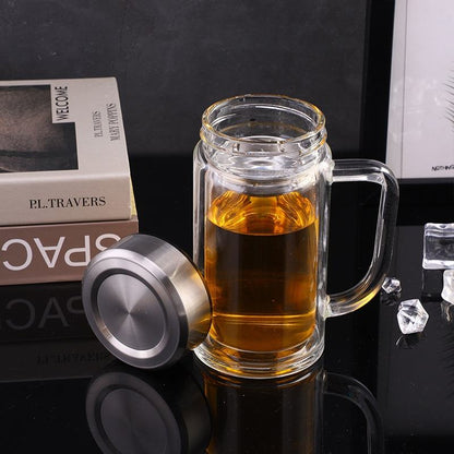 
Reusable double wall glass tea cup with strainer