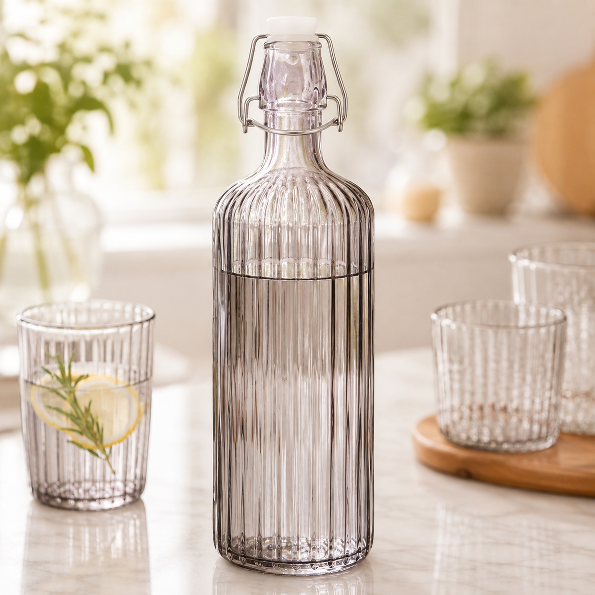 
Reusable striped glass storage bottle for beverages