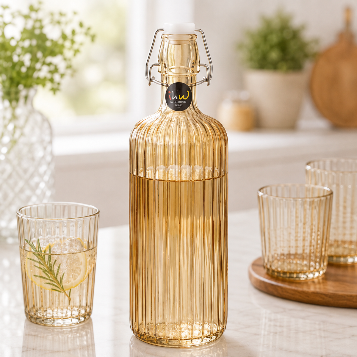 
Clear glass bottle with cork stopper for water and juice