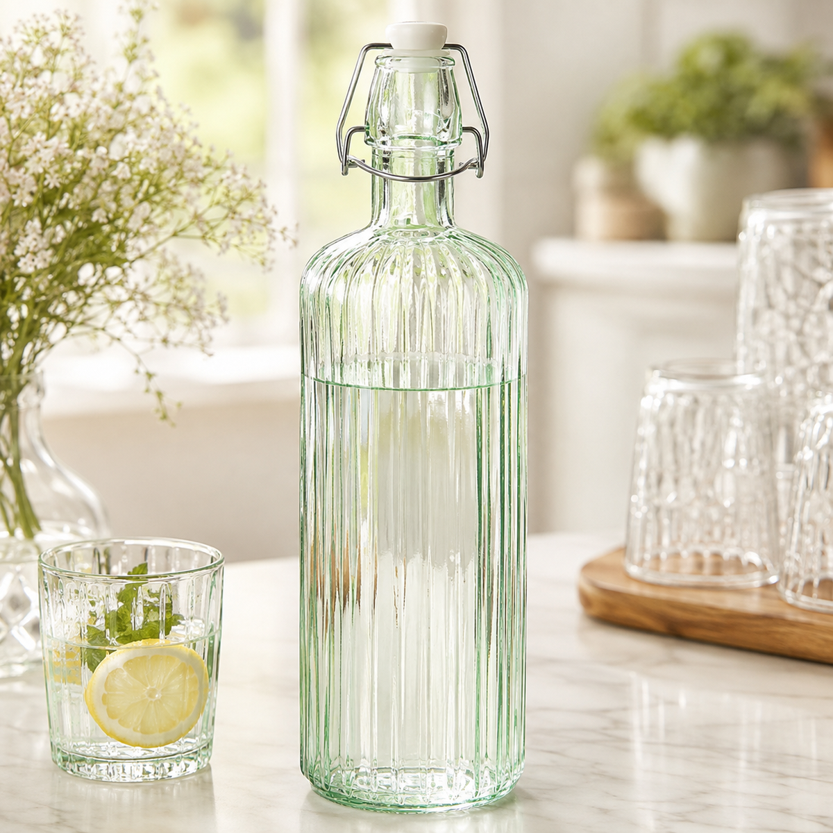 1000ml vertical striped glass bottle with flip swing top
