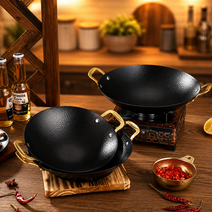 Japanese Style Non-Stick Sizzling Korai with Golden Handles | Frying Wok for Gas & Induction