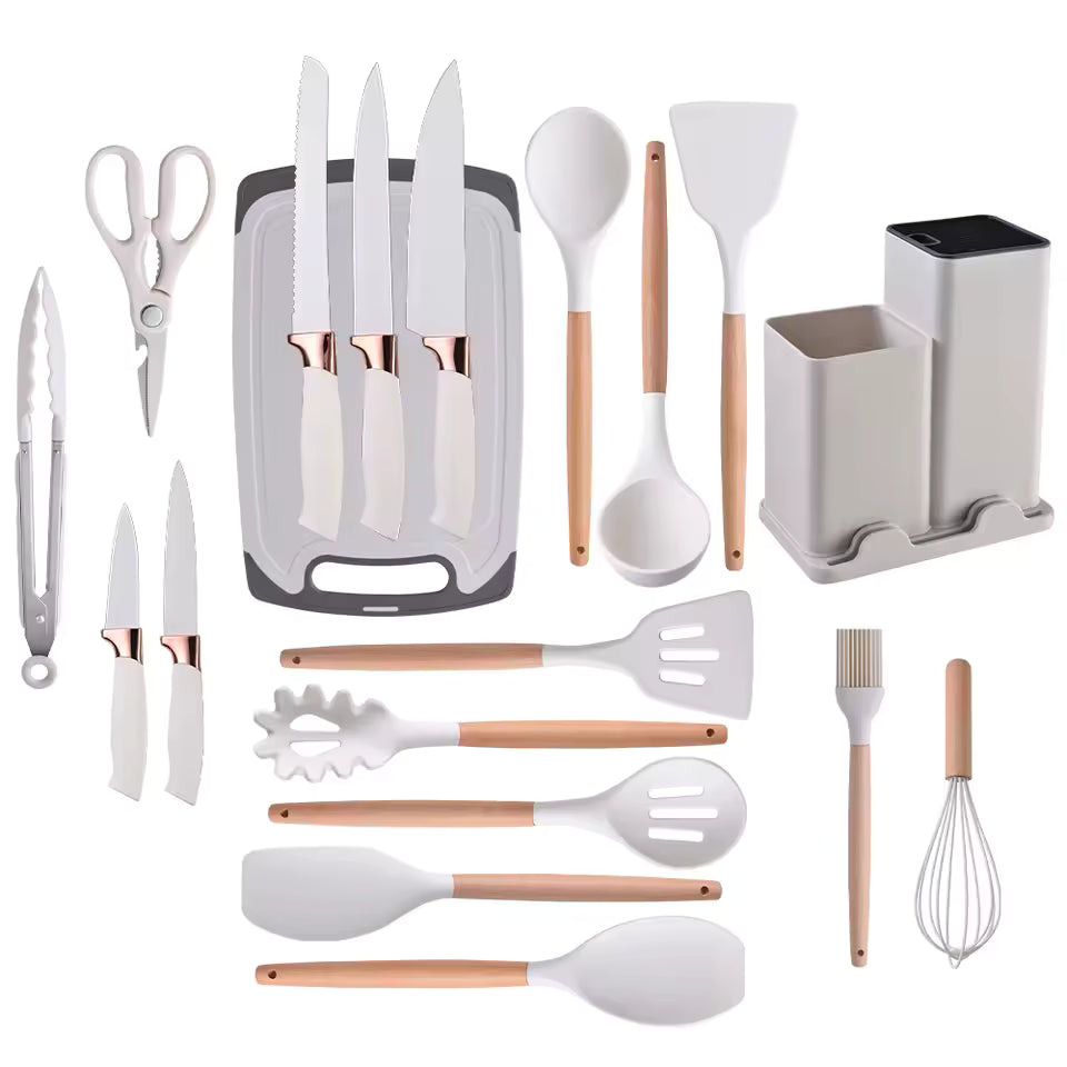 19-Piece Wooden Handle Silicone Kitchen Utensil Set