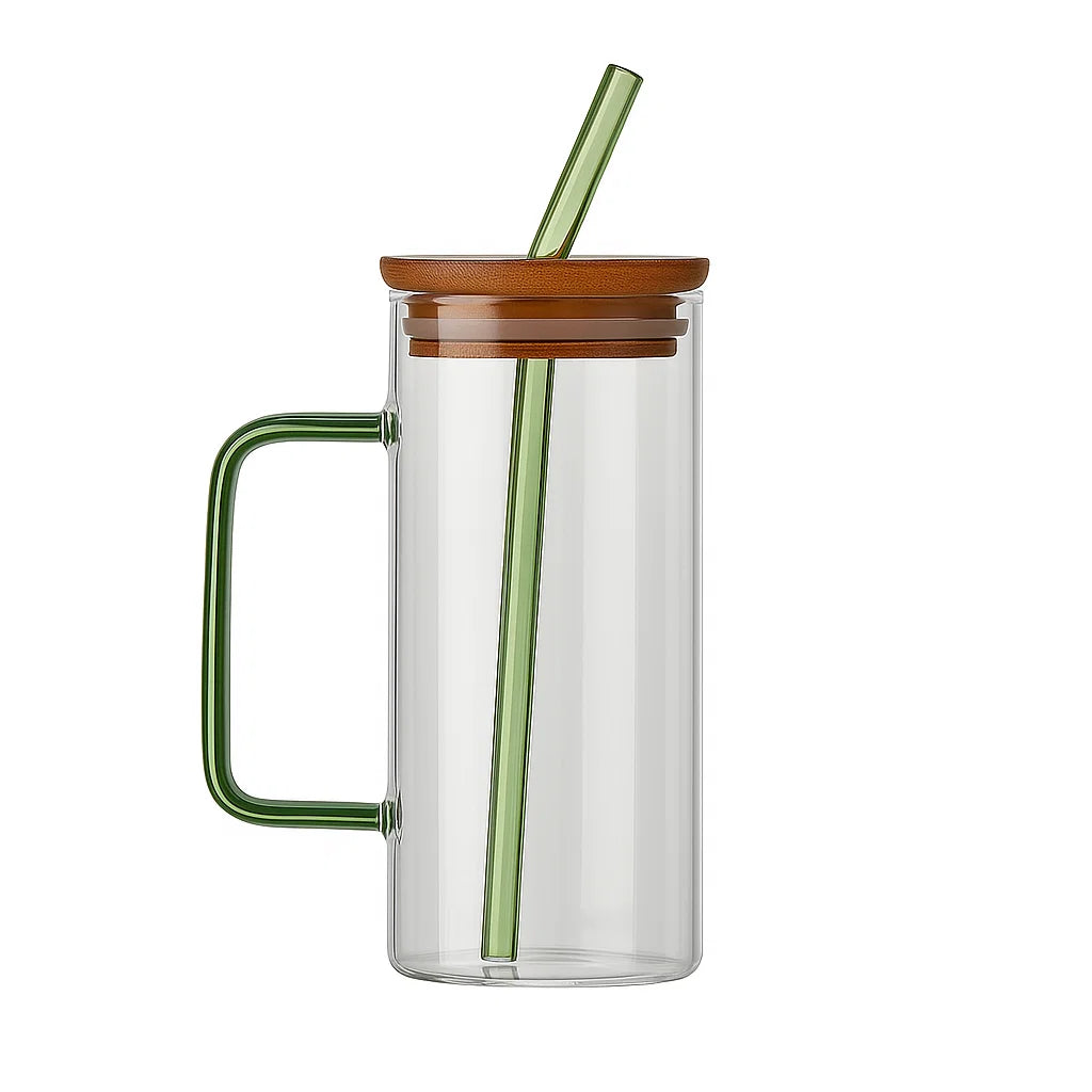 Square glass coffee cup with bamboo lid and reusable straw