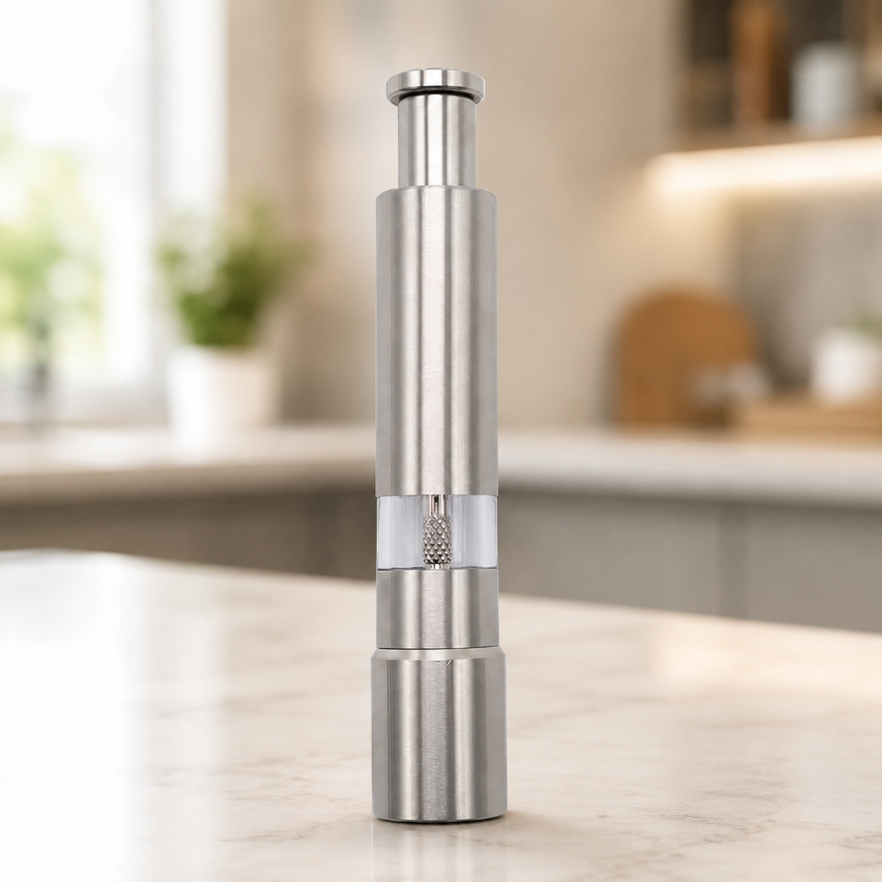 Mini stainless steel salt and pepper grinder with thumb press