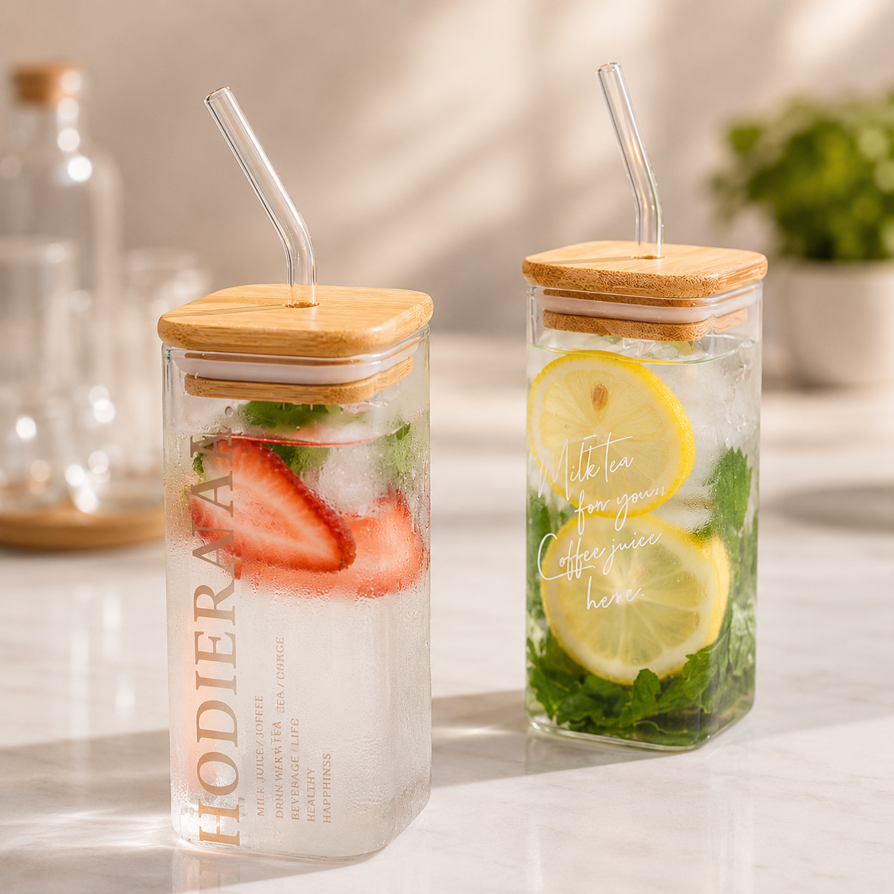 400ml square borosilicate glass coffee cup with bamboo lid