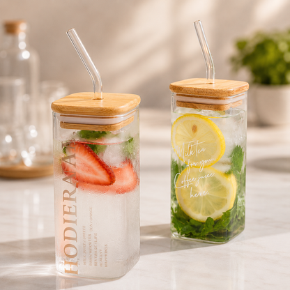400ml square borosilicate glass coffee cup with bamboo lid