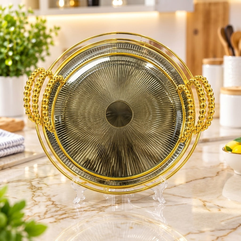 Three-piece luxury golden serving tray set for home décor