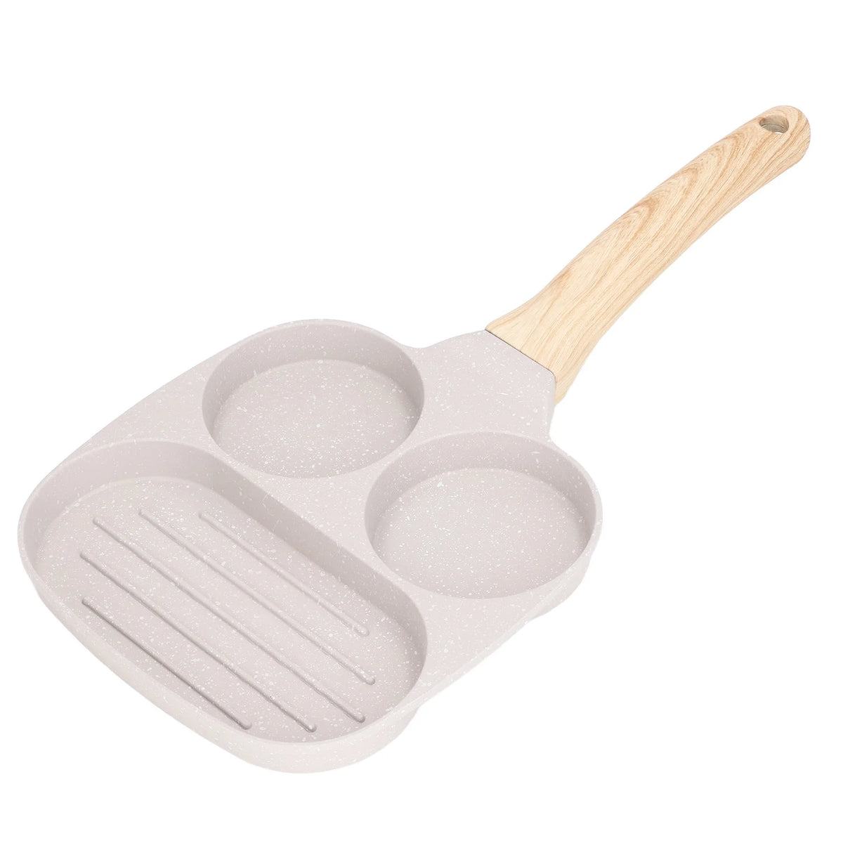
Three compartment frying pan for eggs steak and pancakes