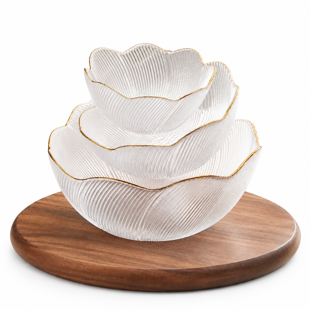 Translucent ribbed bowls on wooden base