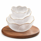 Translucent ribbed bowls on wooden base