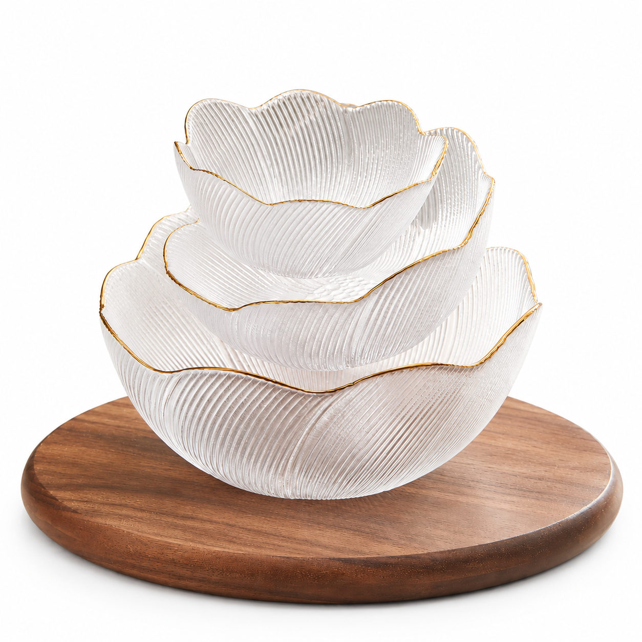 Translucent ribbed bowls on wooden base