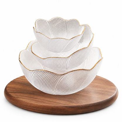 Translucent ribbed bowls on wooden base
