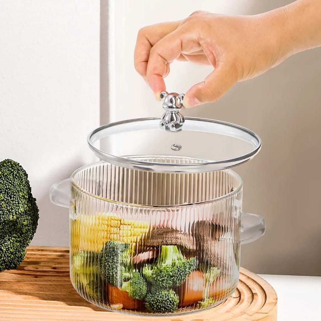 
Transparent glass cooking pot with flower lid