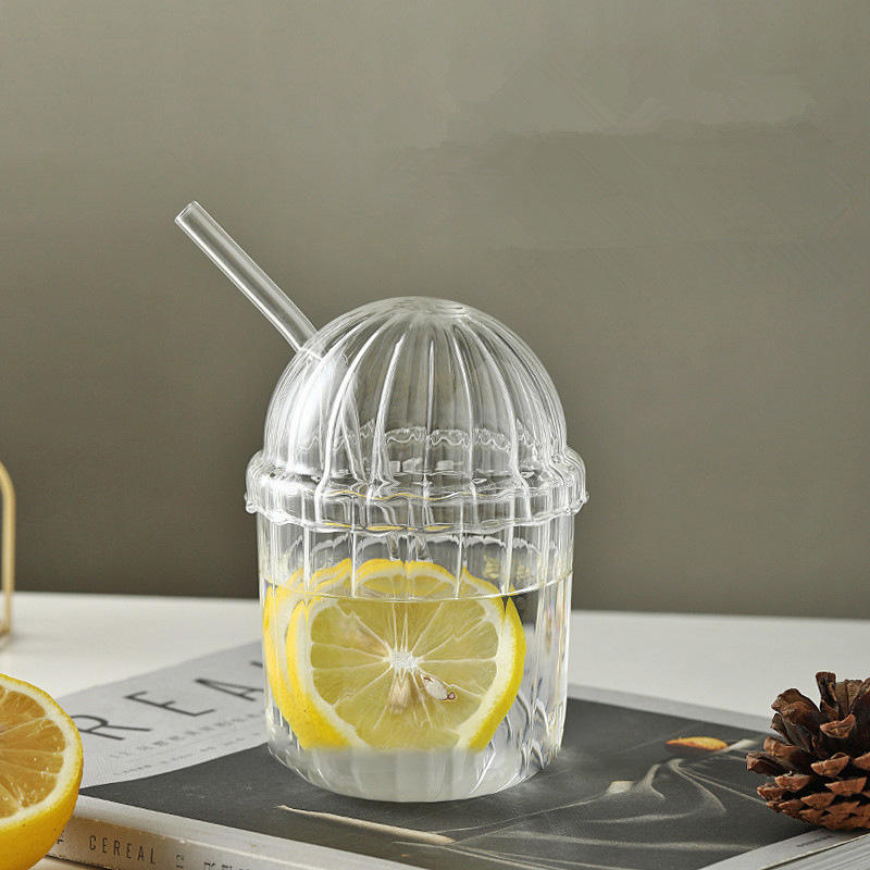 
Vertical striped glass cup with glass lid and straw