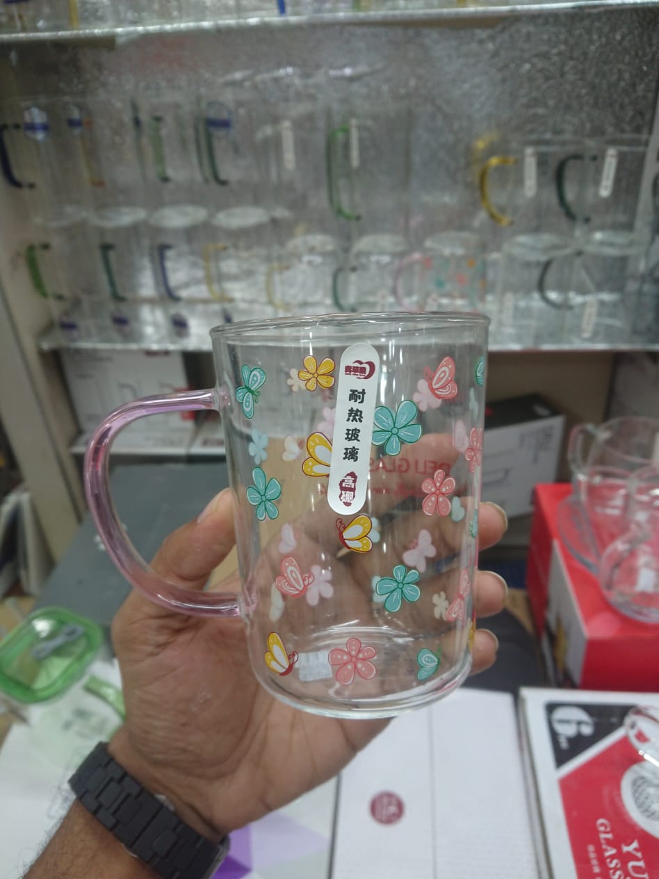 Flower Printing Glass Water Cup with Colored Handle – Elegant Heat Resistant Borosilicate Mug