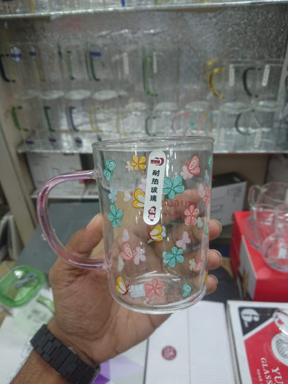 Flower Printing Glass Water Cup with Colored Handle – Elegant Heat Resistant Borosilicate Mug