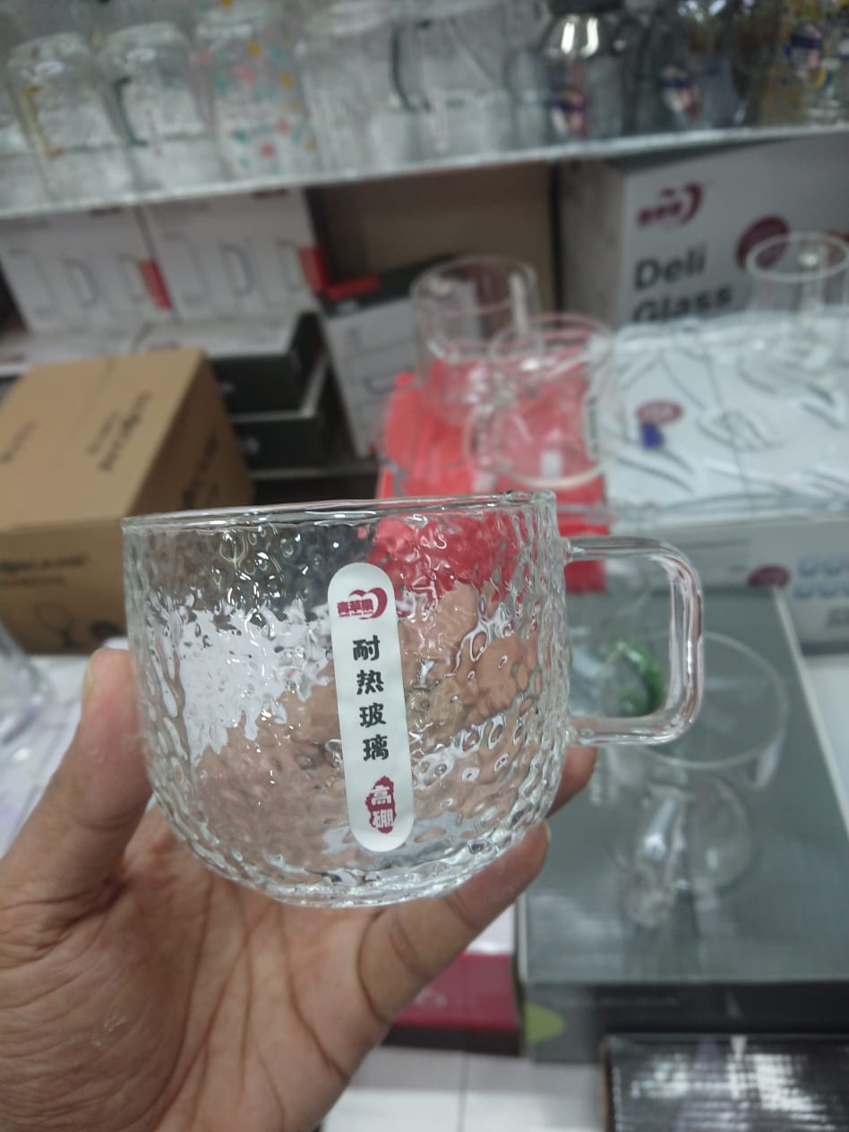 6 Pcs Ice Emboss Glass Mug Set – 300ml Premium Transparent Drinkware
