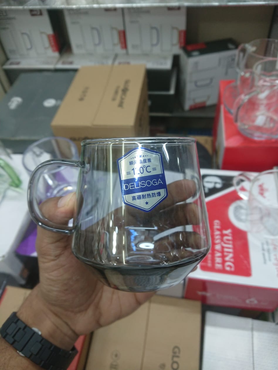 Glass Mug 420ML Set of 6 – Lightweight Borosilicate Glass, Stylish Black Round Design