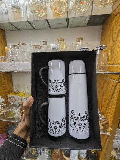 Vacuum Flask with Mug Set Black & White | Insulated Thermos Flask for Hot & Cold Drinks