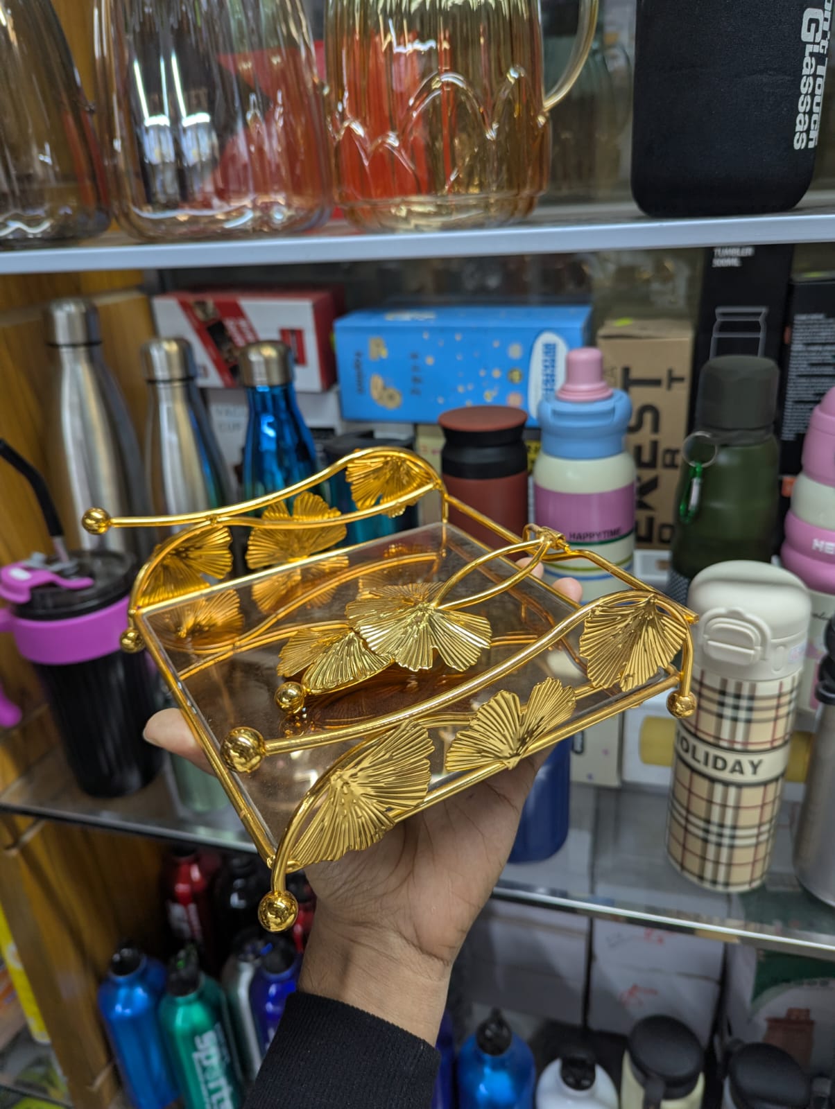 Golden Coated Napkin Holder with Glass Base | Luxury Tissue Holder for Dining Table