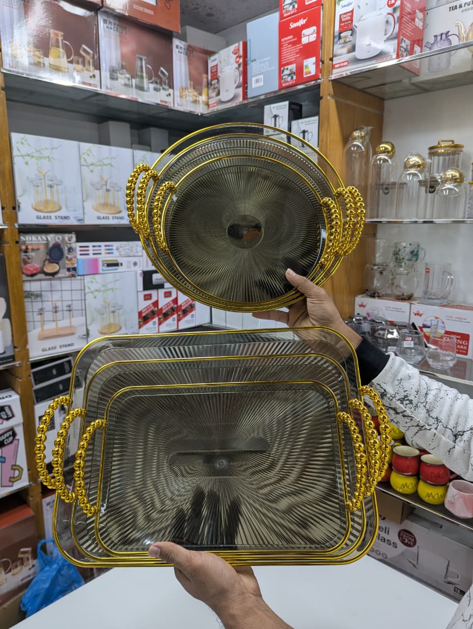 Luxury Rectangle Golden Tray Set (3pcs) | Nordic Style Biodegradable Plastic Serving Tray