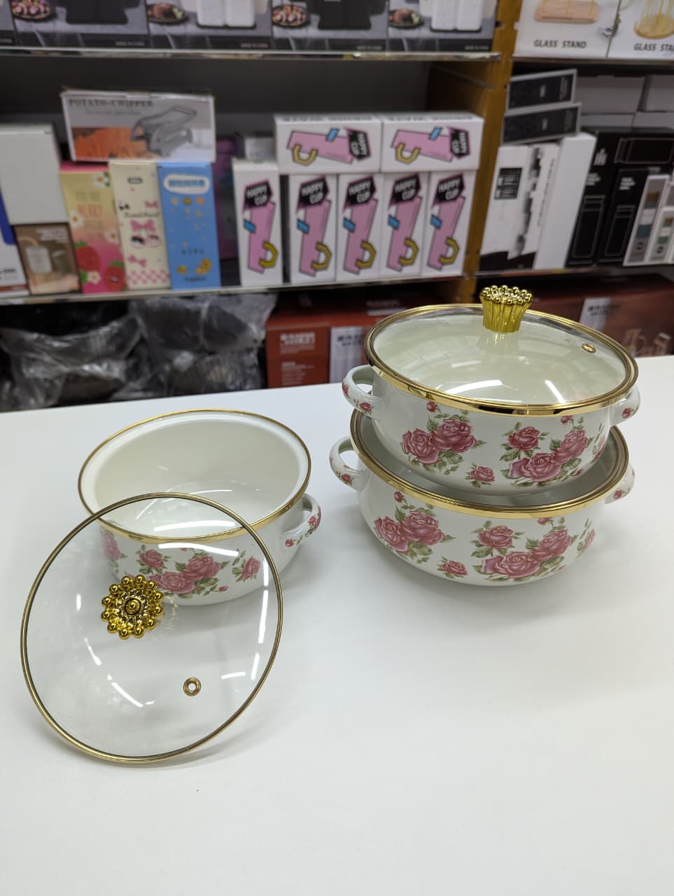3pcs High Quality 16/18/20 cm Thick Mini Cooking Enamel Pot Set White Designs Glass Lid Eco-Friendly