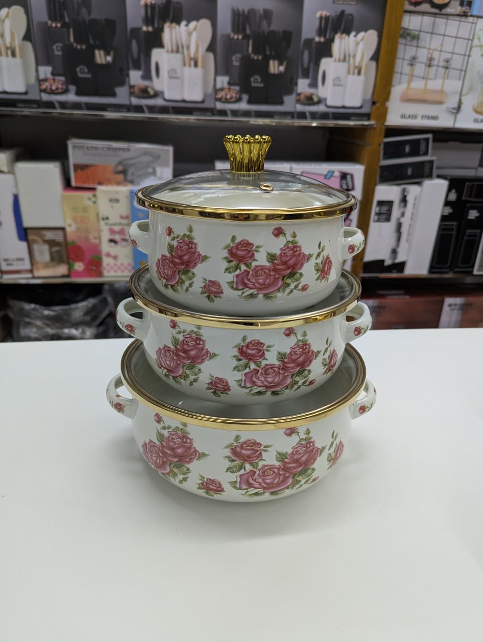 3pcs High Quality 16/18/20 cm Thick Mini Cooking Enamel Pot Set White Designs Glass Lid Eco-Friendly