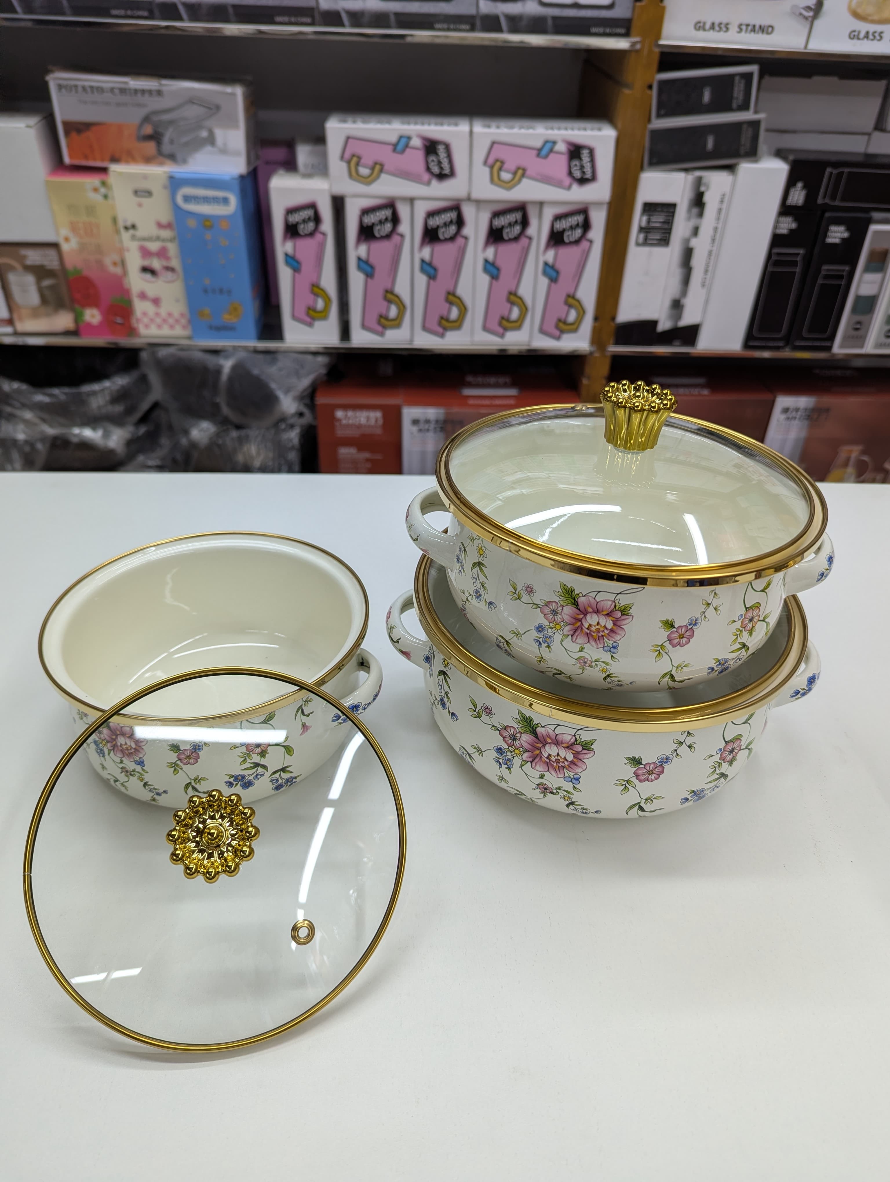 3pcs High Quality 16/18/20 cm Thick Mini Cooking Enamel Pot Set White Designs Glass Lid Eco-Friendly