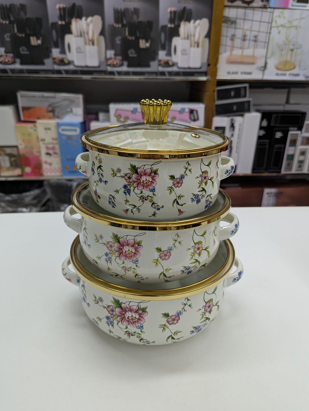 3pcs High Quality 16/18/20 cm Thick Mini Cooking Enamel Pot Set White Designs Glass Lid Eco-Friendly