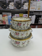 3pcs High Quality 16/18/20 cm Thick Mini Cooking Enamel Pot Set White Designs Glass Lid Eco-Friendly