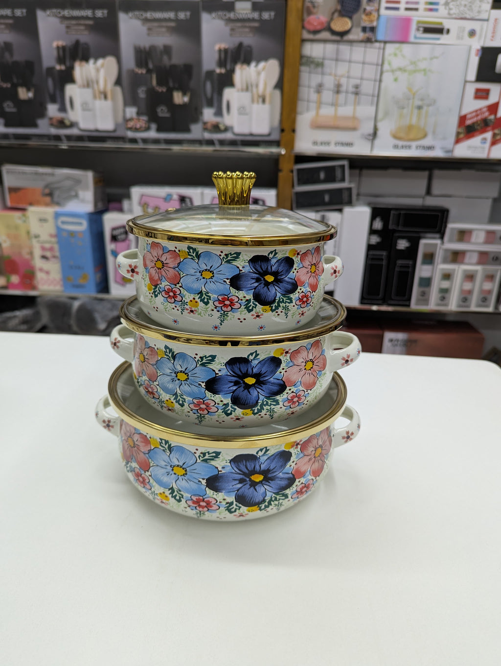 3pcs High Quality 16/18/20 cm Thick Mini Cooking Enamel Pot Set White Designs Glass Lid Eco-Friendly