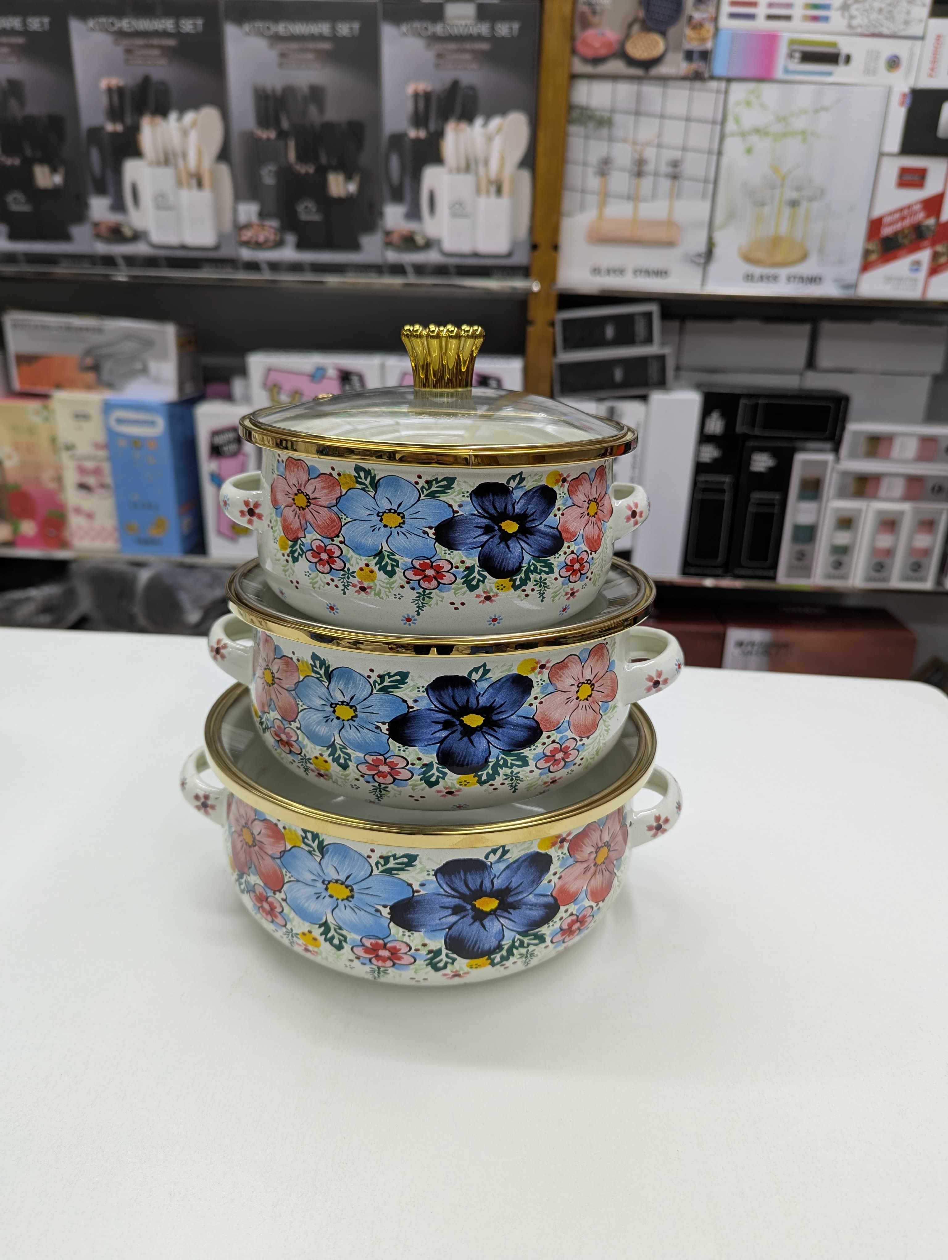 3pcs High Quality 16/18/20 cm Thick Mini Cooking Enamel Pot Set White Designs Glass Lid Eco-Friendly
