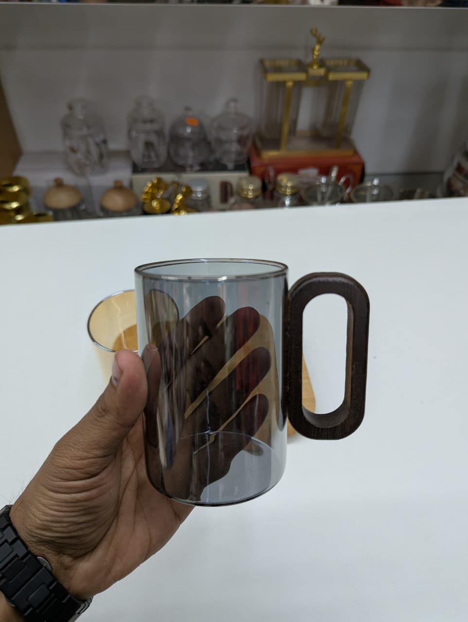 Wooden Handle Glass Mug – 300ml Capacity