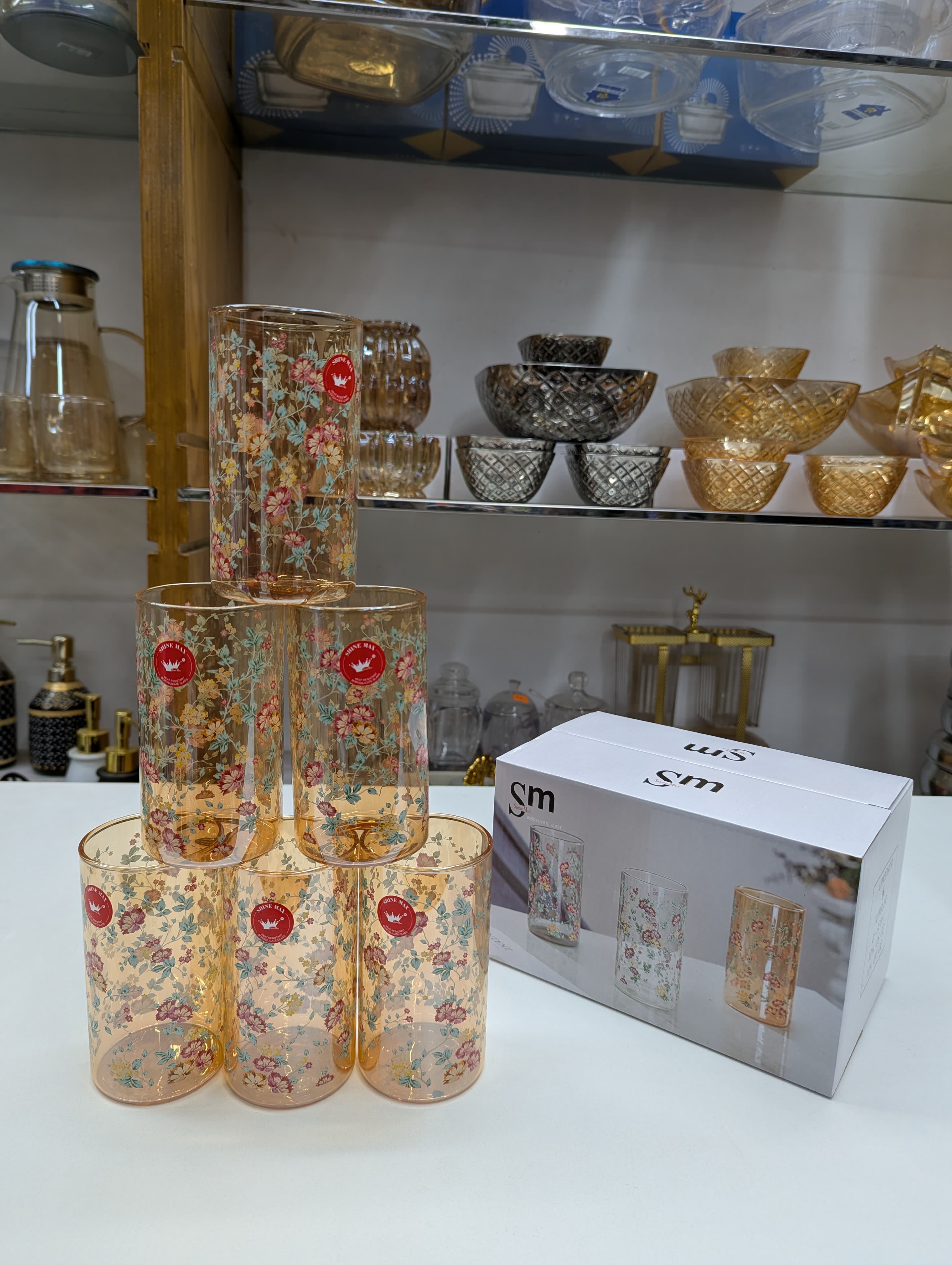 Floral Print High Heat Resistance Water Glass Set – 350ml Capacity 6 Pic Set