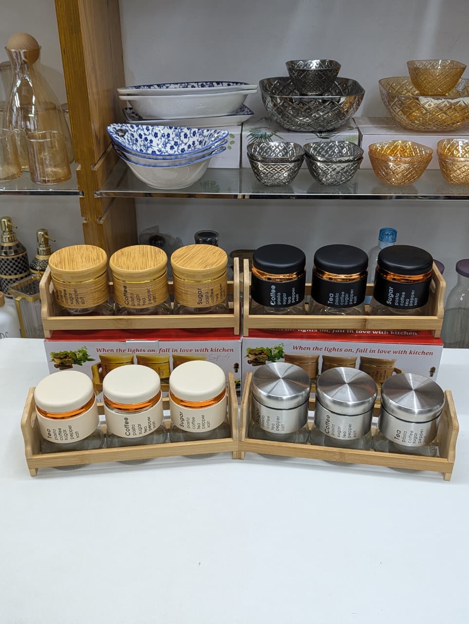 4pcs 400ml Glass Spice Storage Jar Set with Bamboo Stand | Kitchen Organizer Spice Container