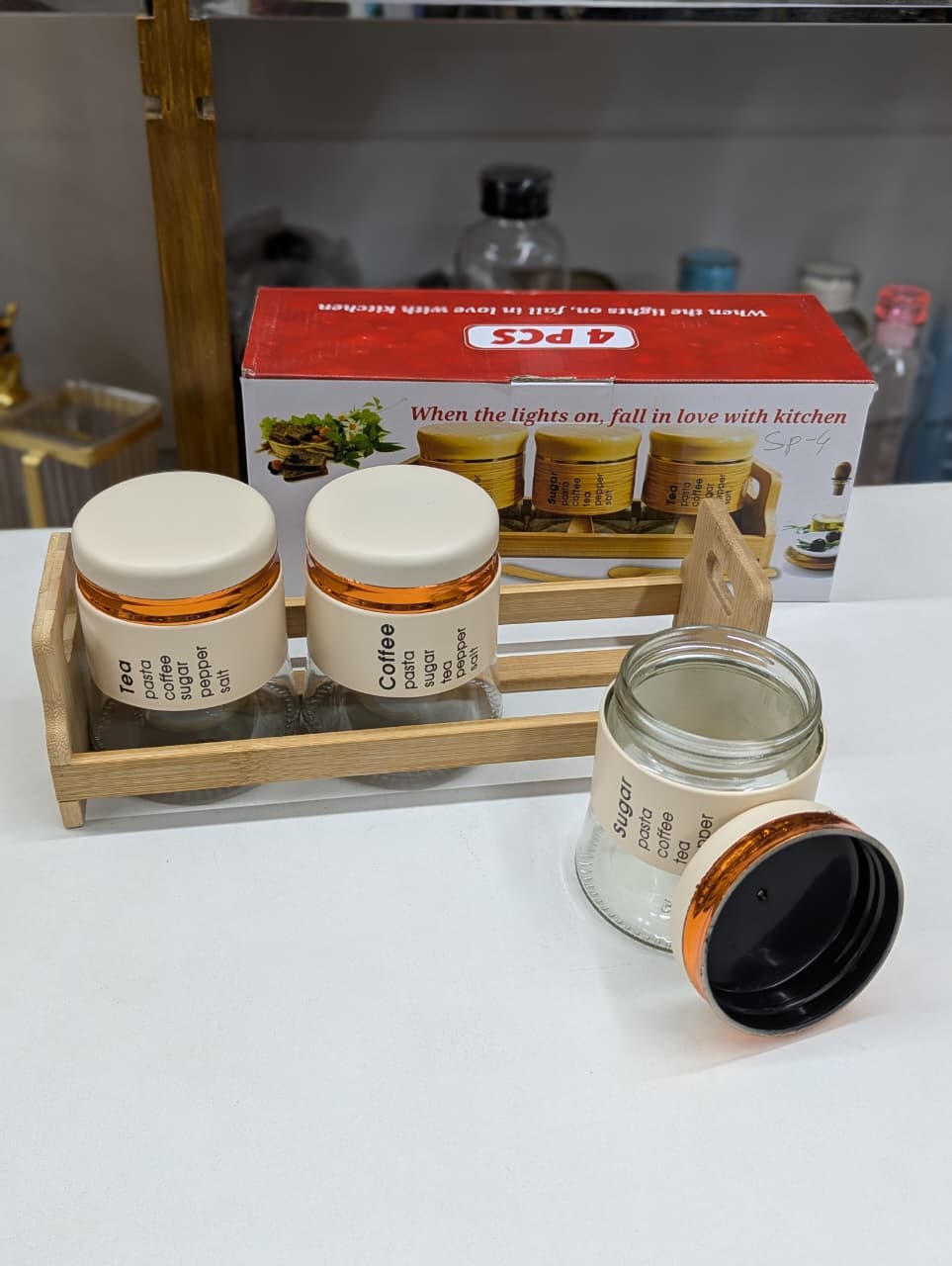 4pcs 400ml Glass Spice Storage Jar Set with Bamboo Stand | Kitchen Organizer Spice Container