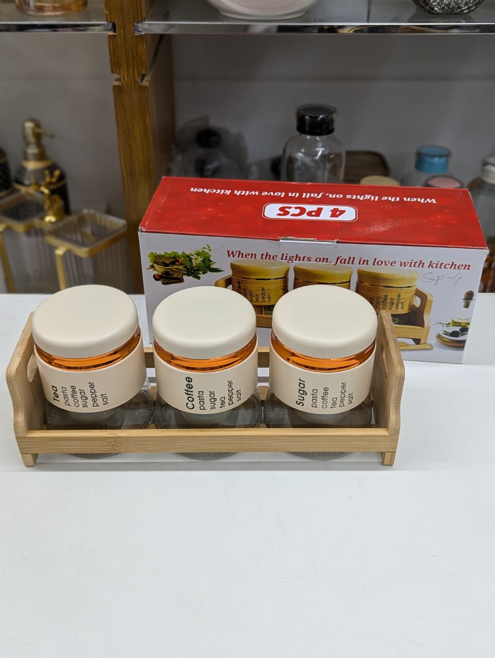 4pcs 400ml Glass Spice Storage Jar Set with Bamboo Stand | Kitchen Organizer Spice Container