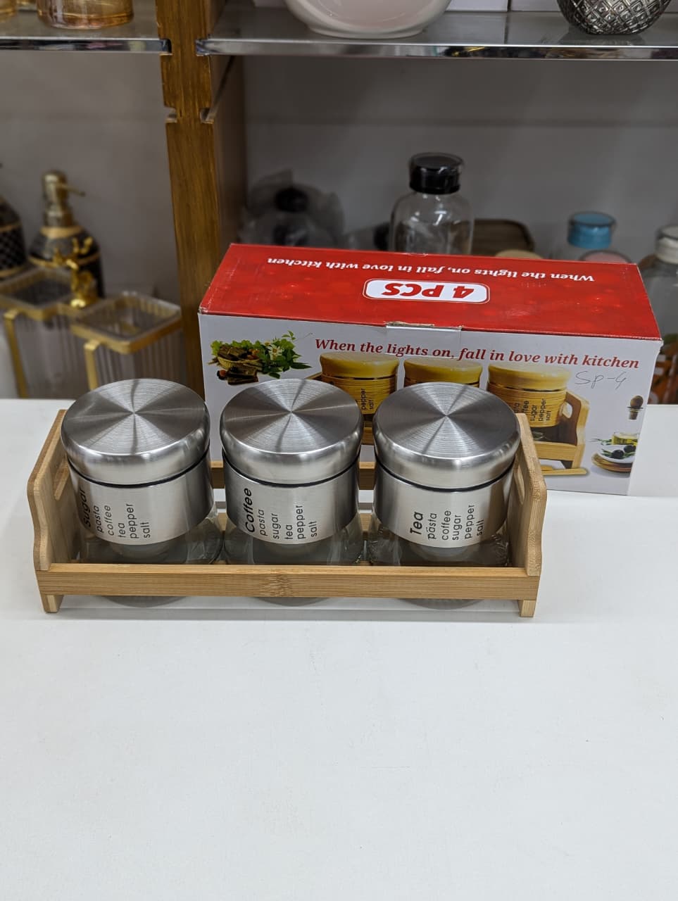 4pcs 400ml Glass Spice Storage Jar Set with Bamboo Stand | Kitchen Organizer Spice Container