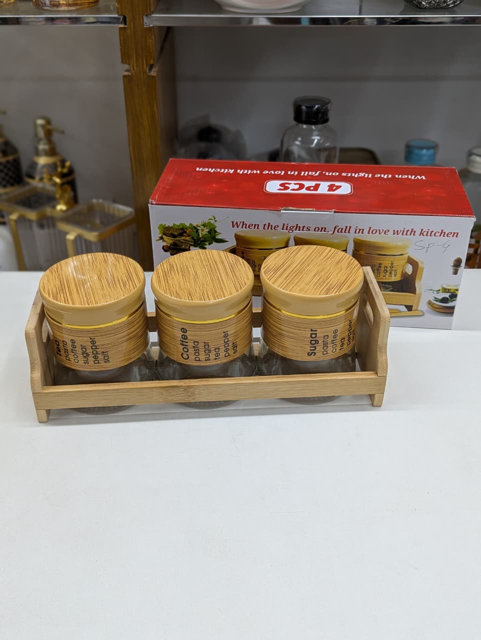 4pcs 400ml Glass Spice Storage Jar Set with Bamboo Stand | Kitchen Organizer Spice Container