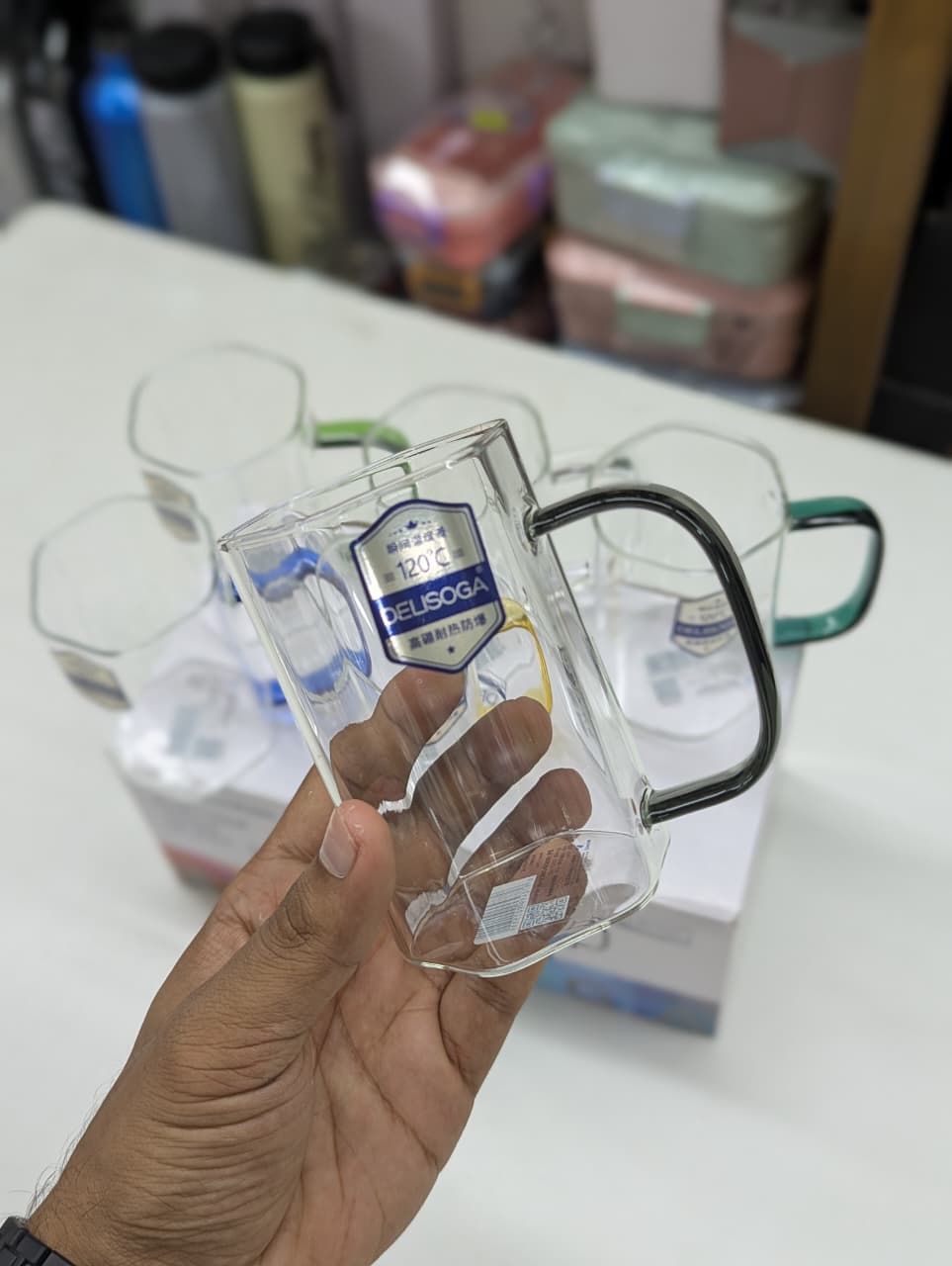 6 Pcs Borosilicate Glass Mug Set with Colored Handles | Heat Resistant Clear Coffee Tea Cups