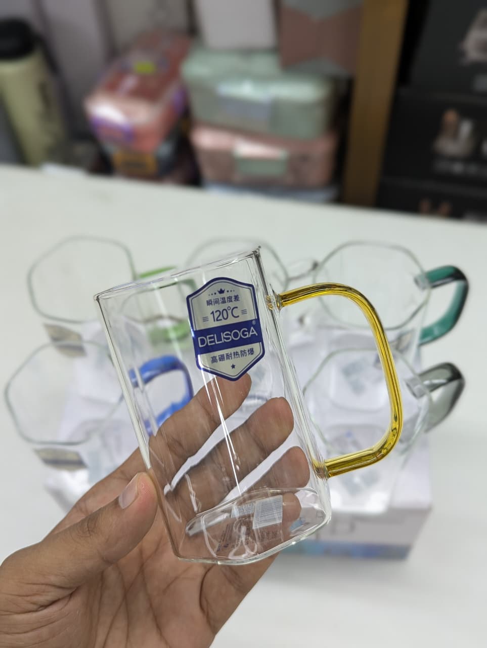 6 Pcs Borosilicate Glass Mug Set with Colored Handles | Heat Resistant Clear Coffee Tea Cups