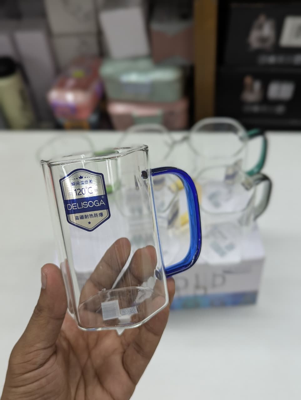 6 Pcs Borosilicate Glass Mug Set with Colored Handles | Heat Resistant Clear Coffee Tea Cups